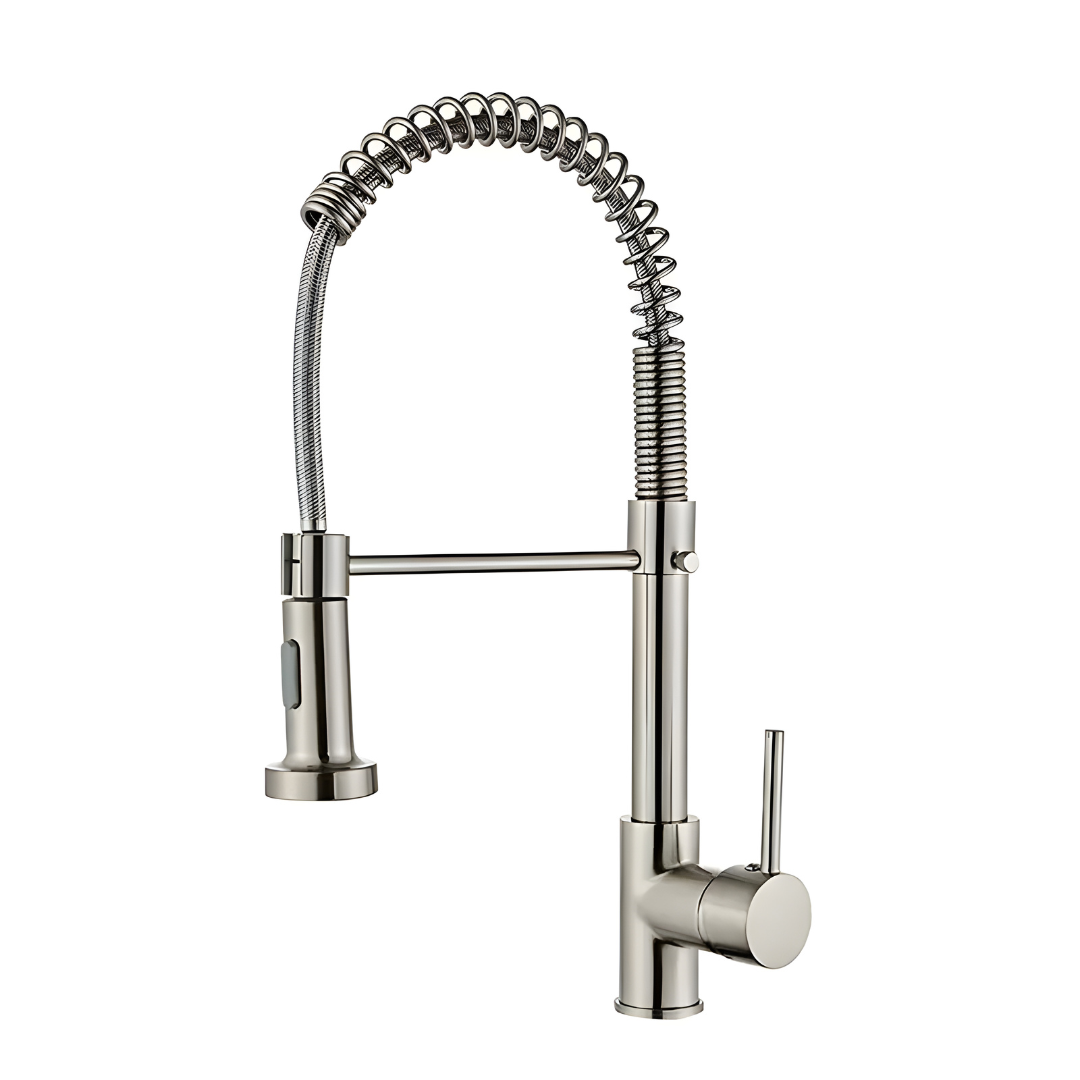 Pull-out kitchen sink faucet with 360 degree rotating spring design