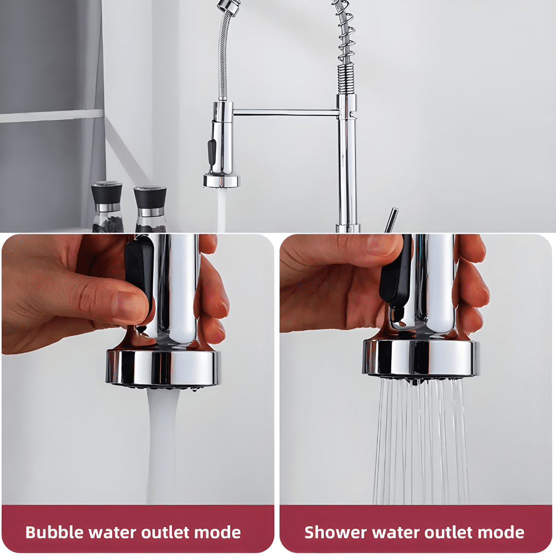 Pull-out kitchen sink faucet with 360 degree rotating spring design