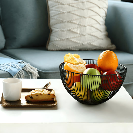 Black metal mesh fruit basket with modern design – kitchen and home decor