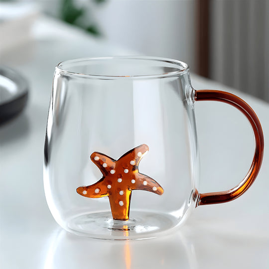 Borosilicate glass mug with orange starfish and amber handle – 350ml heatproof