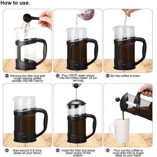 French Press coffee maker – black frame, borosilicate glass, stainless steel filter, 1000ml