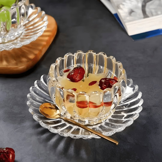 Elegant 220ml clear glass dessert bowl and plate set, ideal for Meghle, fruit salad, and snacks – heat-resistant and vintage design.