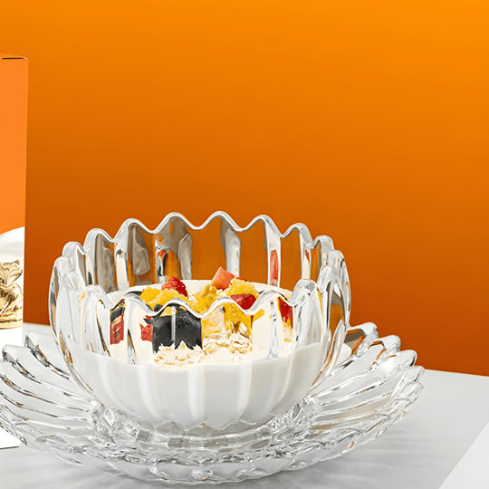 Elegant 220ml clear glass dessert bowl and plate set, ideal for Meghle, fruit salad, and snacks – heat-resistant and vintage design.