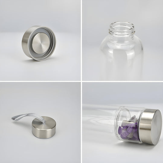 Crystal elixir glass water bottle with stainless steel lid and black protective neoprene case – 550ml