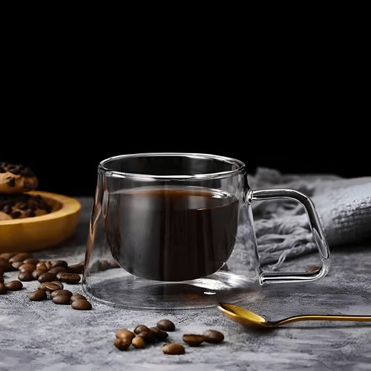 200 ml dubbelwandige geïsoleerde glazen koffiemok met handvat
