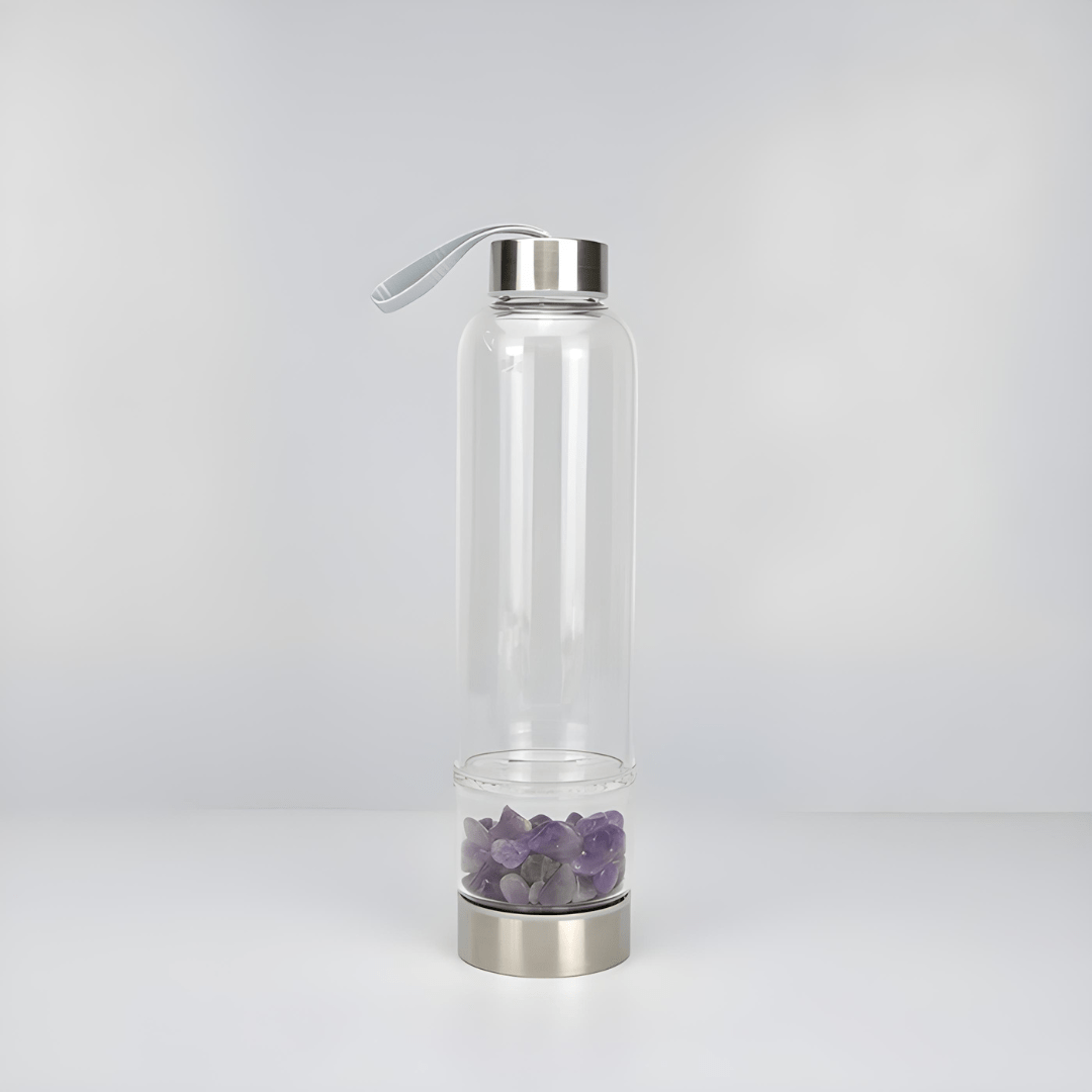 Crystal elixir glass water bottle with stainless steel lid and black protective neoprene case – 550ml