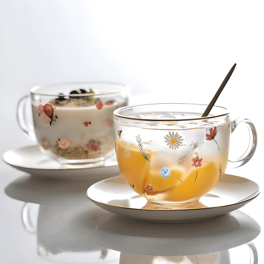 Elegante glazen mok van 470 ml met keramische schotel