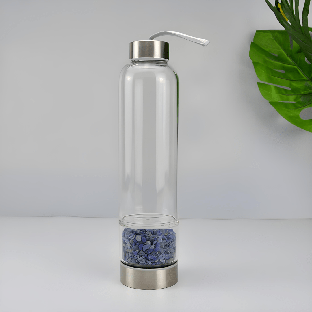 Crystal elixir glass water bottle with stainless steel lid and black protective neoprene case – 550ml