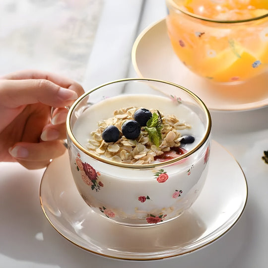 Elegante glazen mok van 470 ml met keramische schotel