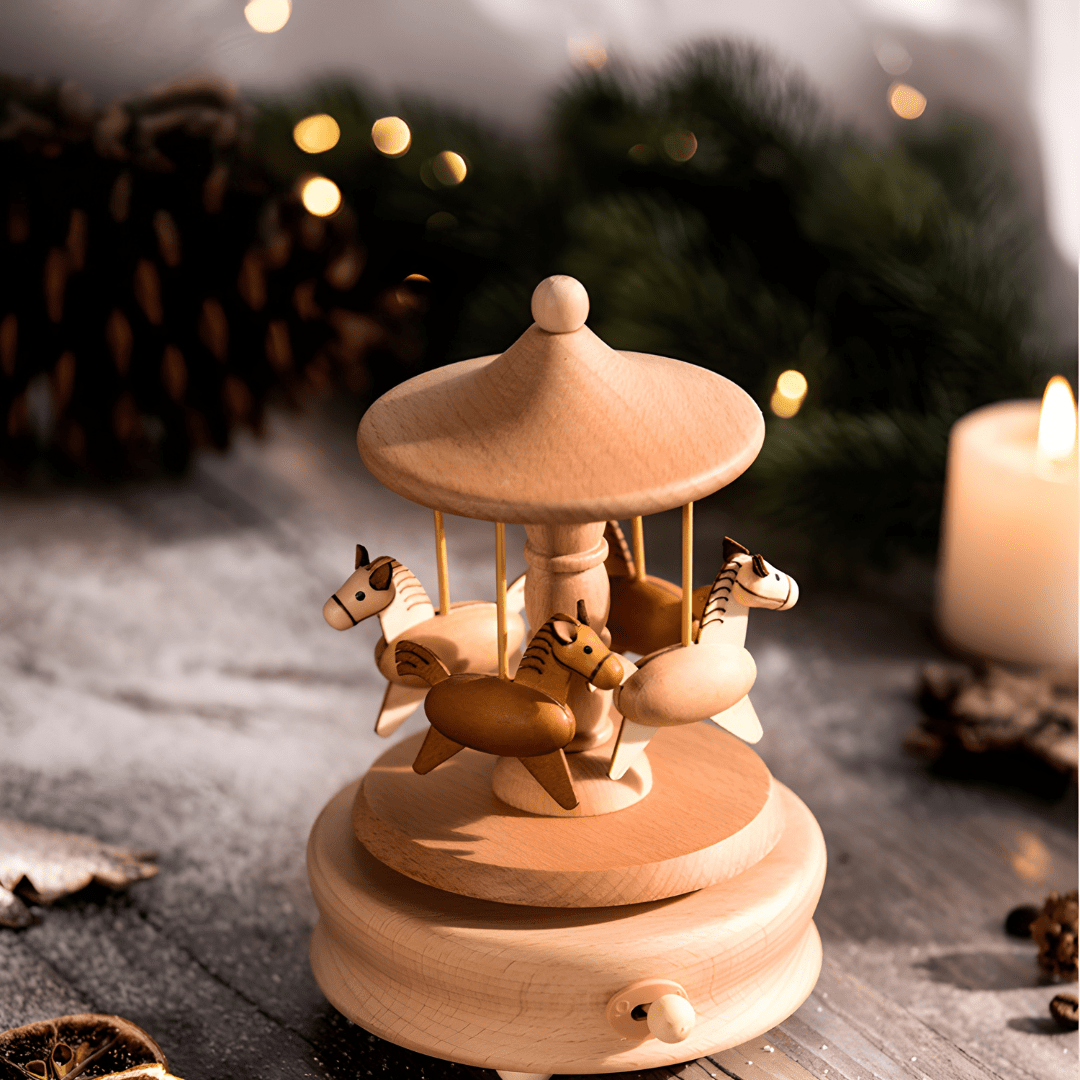 Handcrafted natural wood carousel music box with four horses on a rotating base, minimalist home decor.