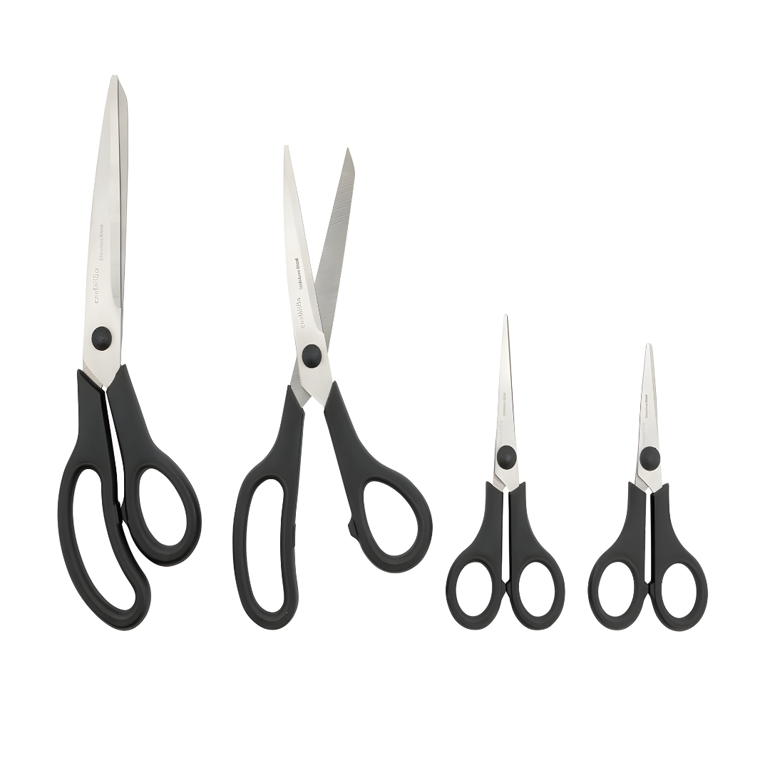 Crelando 4-piece universal scissor set with stainless steel blades and black ergonomic handles for household, craft, sewing, and tailor use.