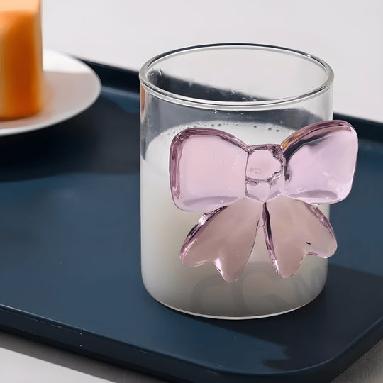 300ml clear glass cup with pink 3D bow design – borosilicate and heat-resistant