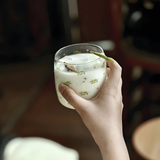 300ml heat-resistant borosilicate glass cups with elegant floral and botanical patterns — perfect for serving coffee, tea, juice, or desserts in Beirut homes and cafés.