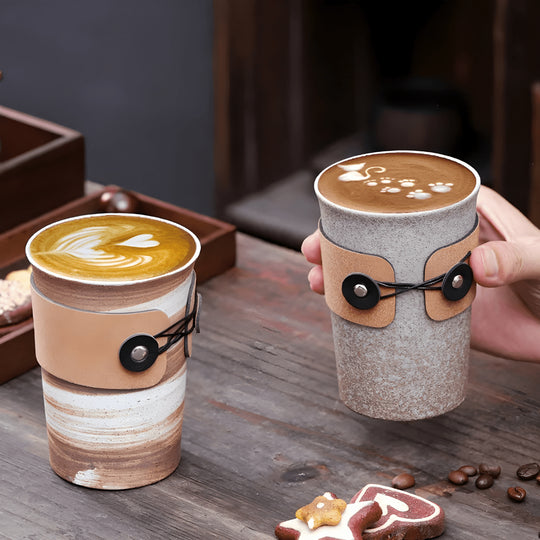 Handmade 350ml retro ceramic mug with leather sleeve, perfect for matcha or coffee, Japanese-style design