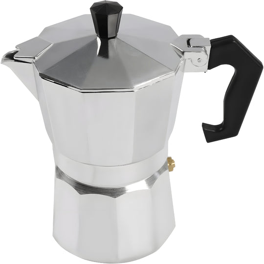 600ml aluminum stovetop coffee maker with black handle and filter, suitable for espresso brewing