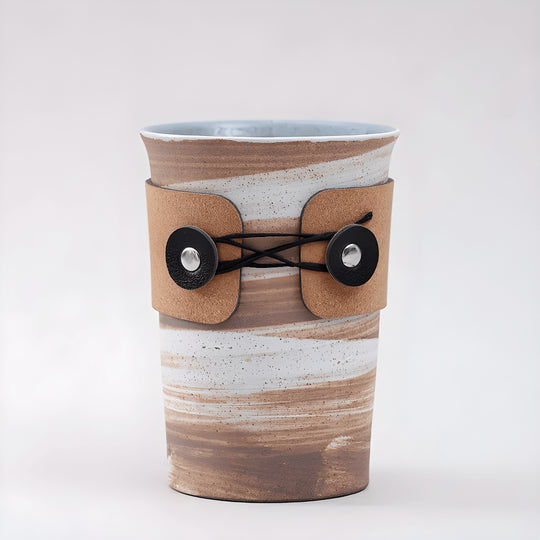 Handmade 350ml retro ceramic mug with leather sleeve, perfect for matcha or coffee, Japanese-style design