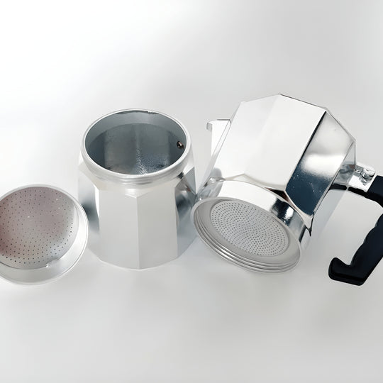 600ml aluminum stovetop coffee maker with black handle and filter, suitable for espresso brewing