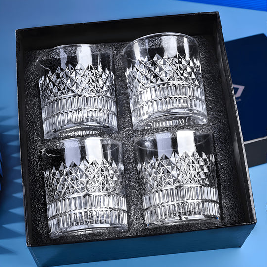 Crystal embossed whiskey glass set of 4 with gift box, 335ml each
