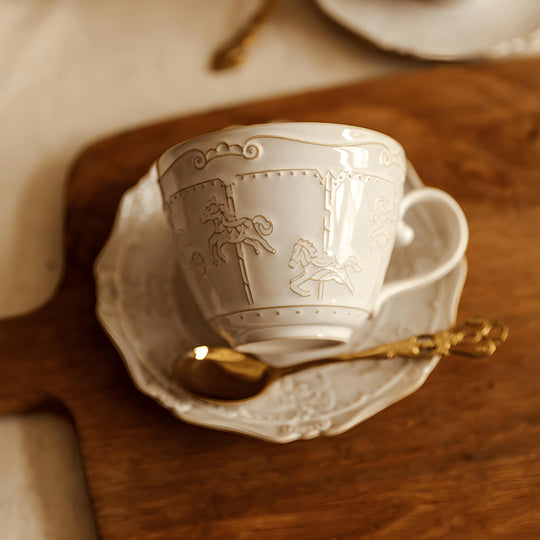 260ml Embossed Bone China Coffee Cup with Saucer