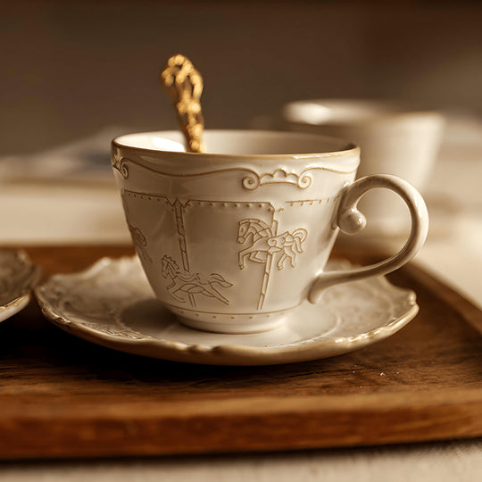 260ml Embossed Bone China Coffee Cup with Saucer