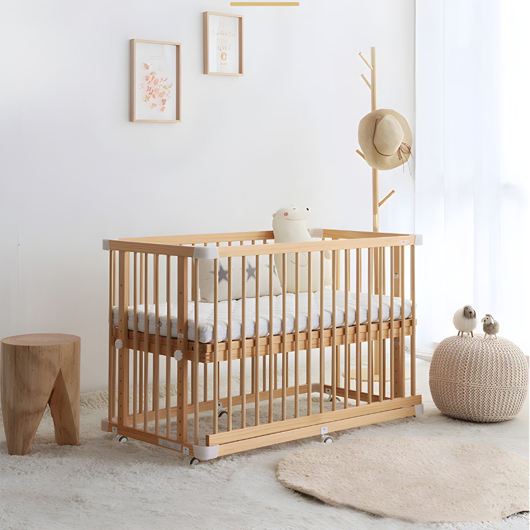 Convertible wooden baby crib with adjustable height, mosquito net, and multi-function design for newborns to toddlers