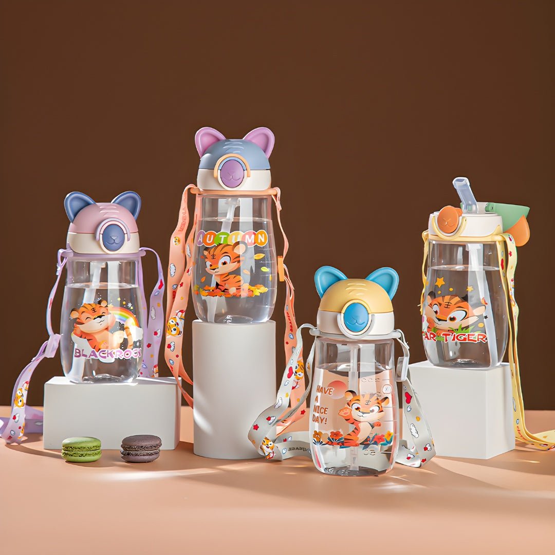 Cute Tiger Kids Water Bottle with Strap – Yellow and Blue Cap