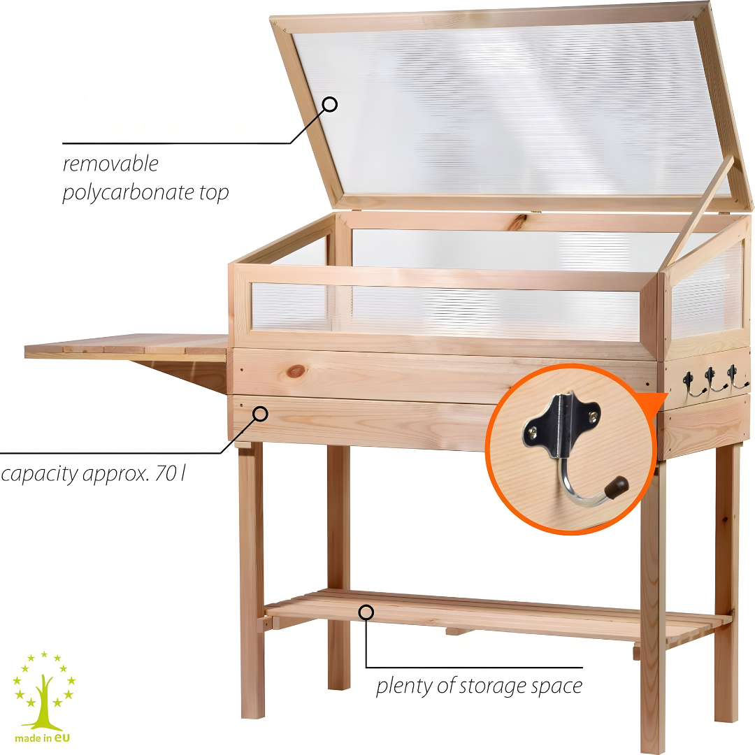 Dobar Raised Wooden Greenhouse with table and hooks – European pine wood