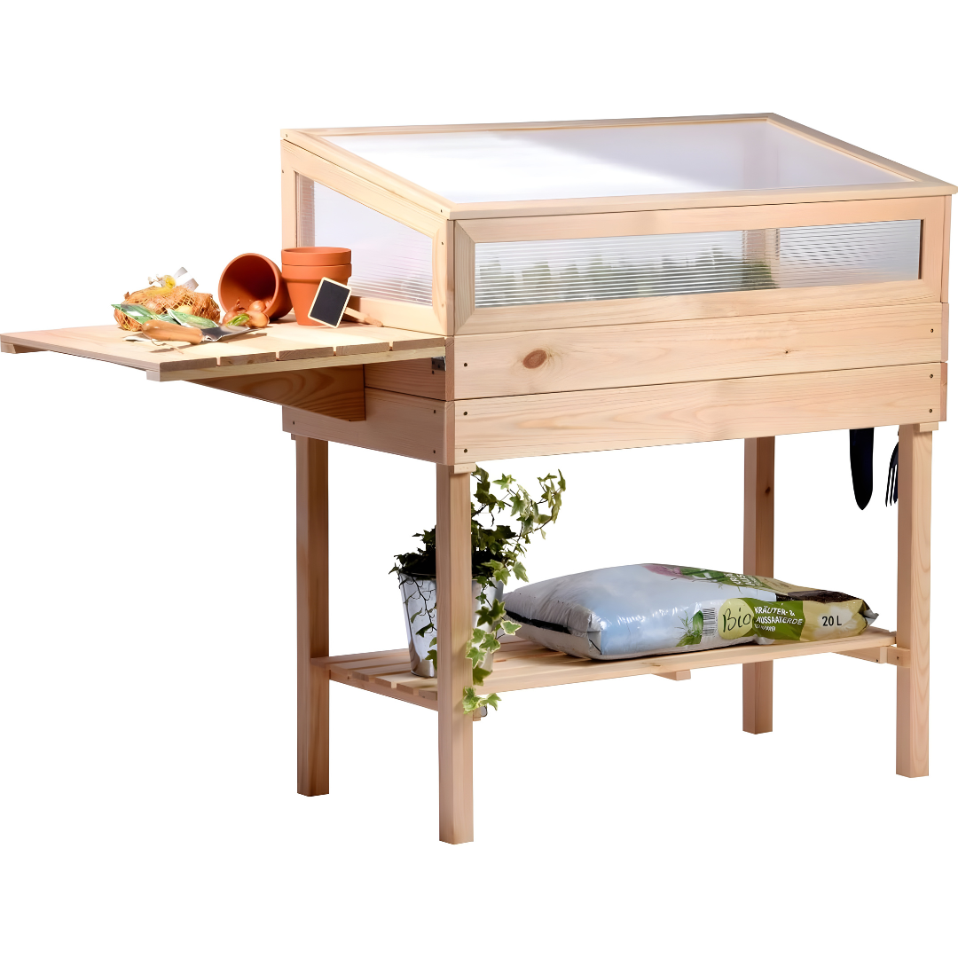 Dobar Raised Wooden Greenhouse with table and hooks – European pine wood