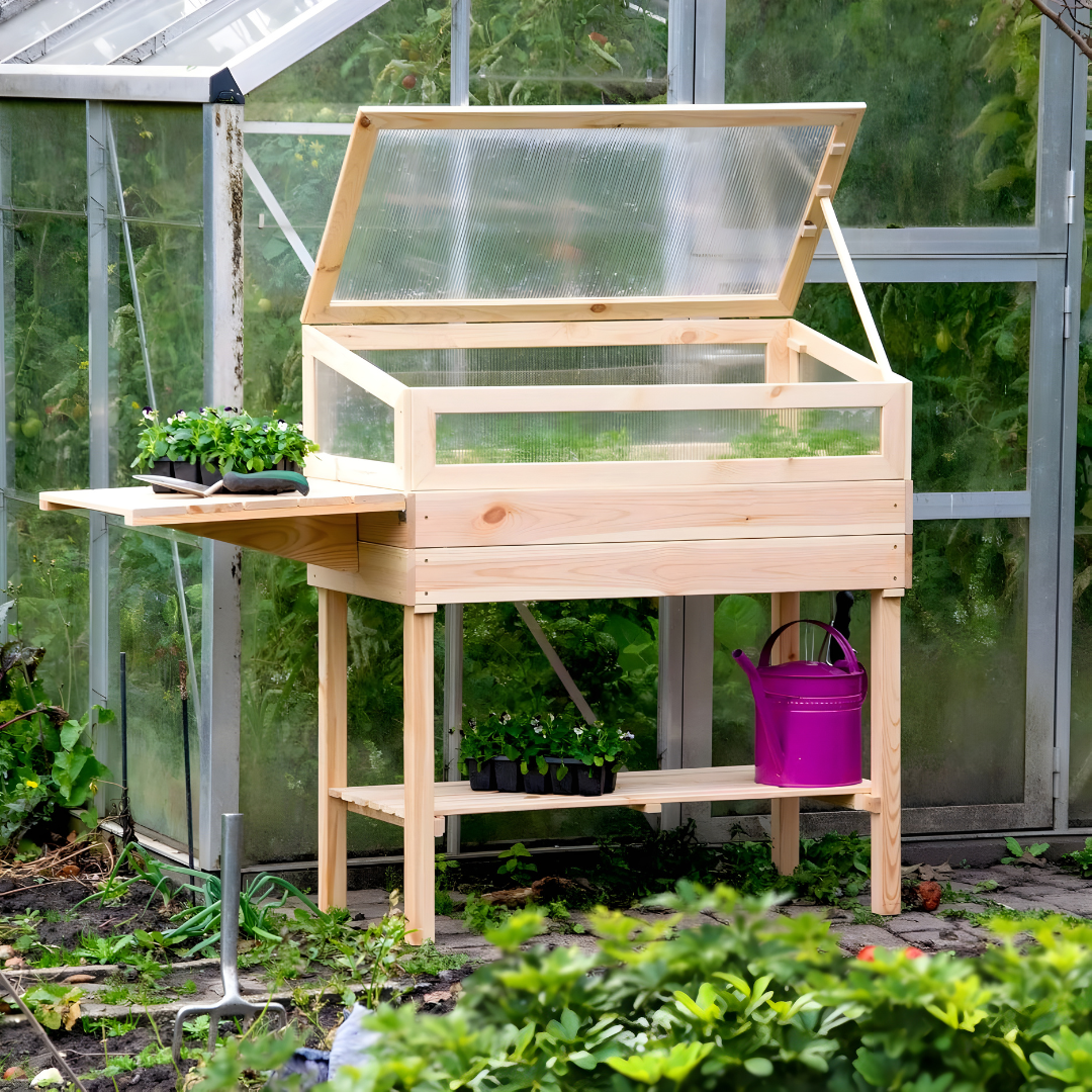 Dobar Raised Wooden Greenhouse with table and hooks – European pine wood