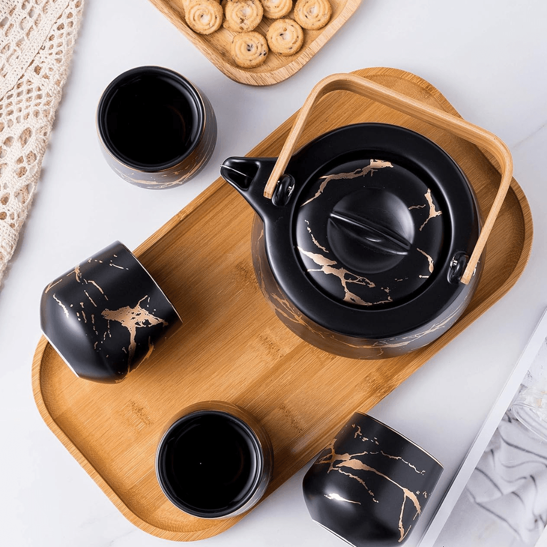 Japanese Marble Porcelain Tea Set: 40oz Teapot, 4 Cups & Bamboo Tray - EUROPEAN HOUSE HOLD