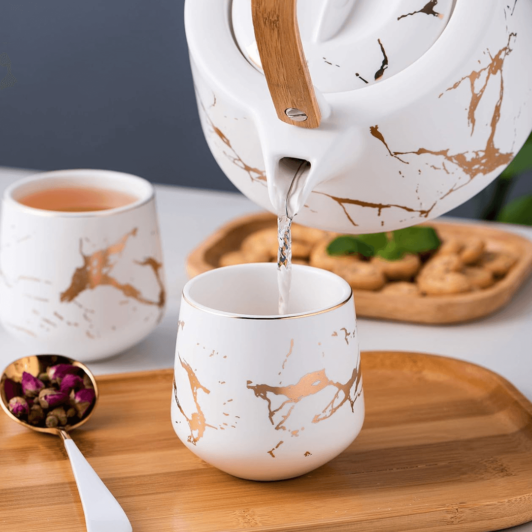 Japanese Marble Porcelain Tea Set: 40oz Teapot, 4 Cups & Bamboo Tray - EUROPEAN HOUSE HOLD