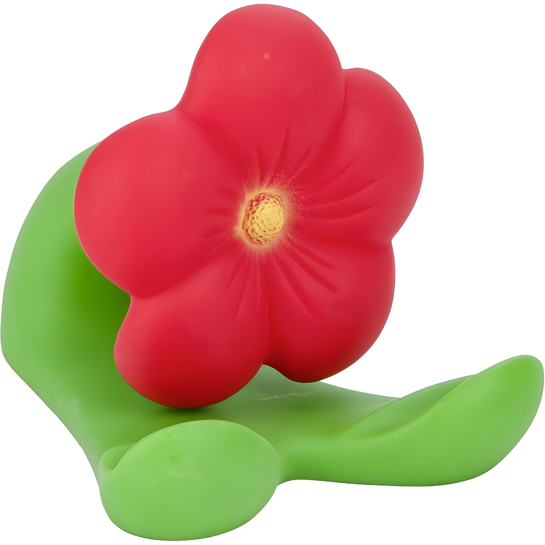 Wenko Fun Flower multi-color tablet and cookbook holder in red and green plastic, supporting a slim tablet at a comfortable angle for reading recipes.