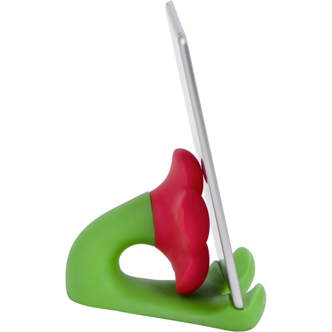 Wenko Fun Flower multi-color tablet and cookbook holder in red and green plastic, supporting a slim tablet at a comfortable angle for reading recipes.