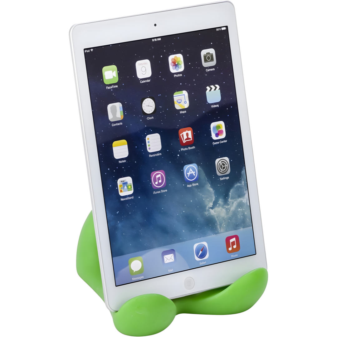 Wenko Fun Flower multi-color tablet and cookbook holder in red and green plastic, supporting a slim tablet at a comfortable angle for reading recipes.