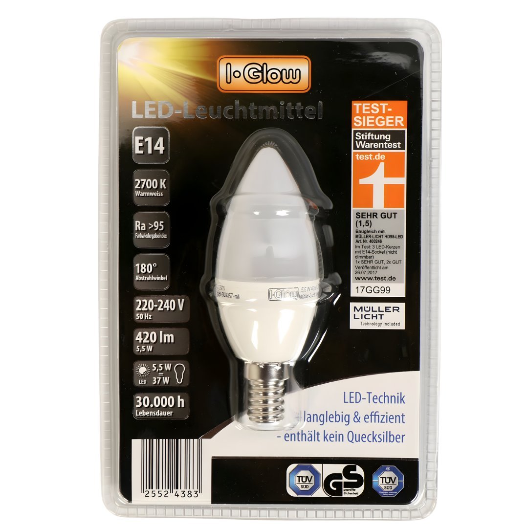 I-Glow Super Premium Led-kaarslamp 5,5W = 37W E14 Mat