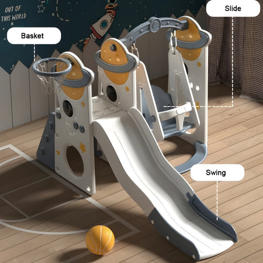 مجموعة أرجوحة ومنزلق 3 في 1 للأطفال بطابع فضائي: حلقة كرة سلة، وارتفاع مقعد قابل للتعديل للاستمتاع بملعب الأطفال الصغار، ومركز أنشطة داخلي وخارجي