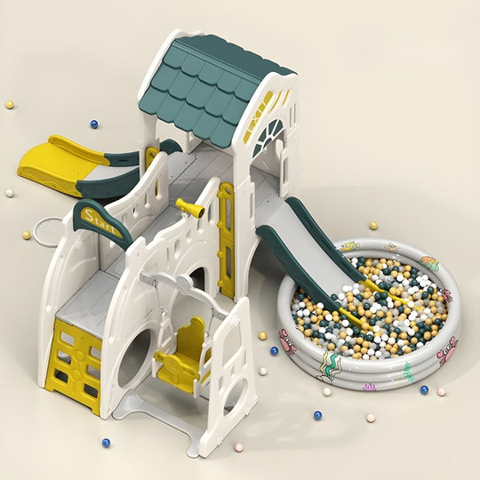 مجموعة بيت اللعب مع زحليقة مزدوجة وأرجوحة واحدة