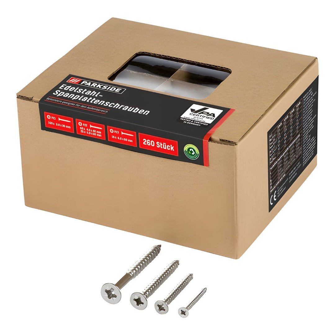 Parkside stainless steel chipboard screws box – 260 piece set with multiple sizes