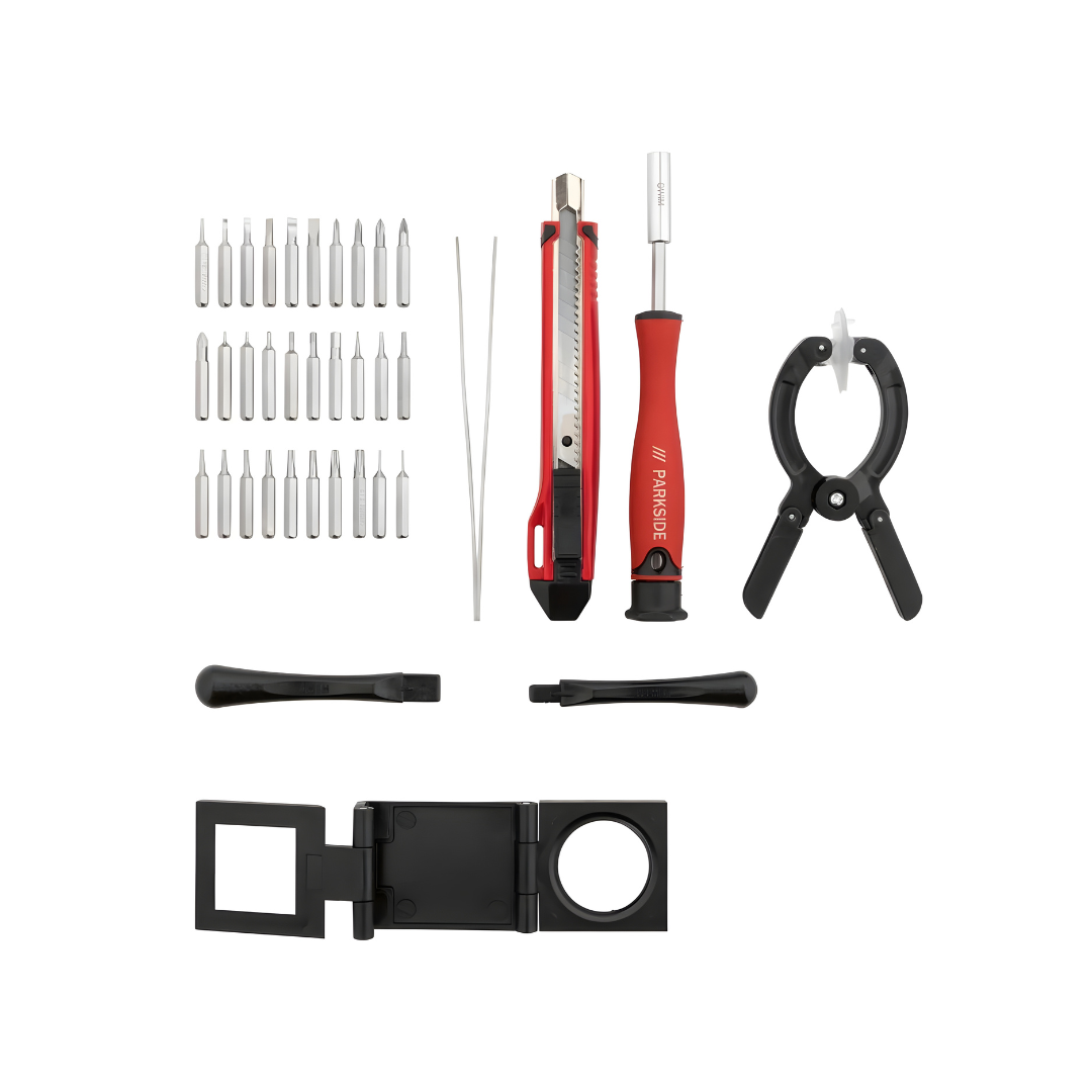 Parkside 37-piece all-in-one tool kit with craft knife, bits, tweezers and suction cup
