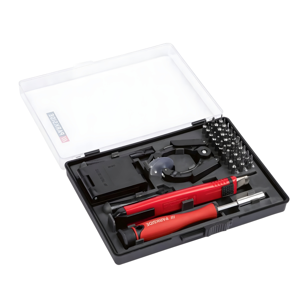 Parkside 37-piece all-in-one tool kit with craft knife, bits, tweezers and suction cup