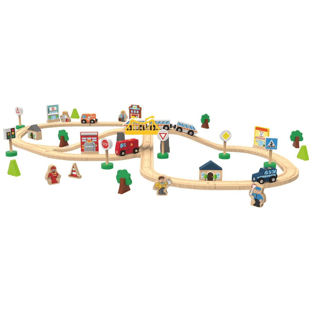 PLAYTIVE CITY WOODEN TRAIN SET 67 PIECES EUROPEAN HOUSE HOLD