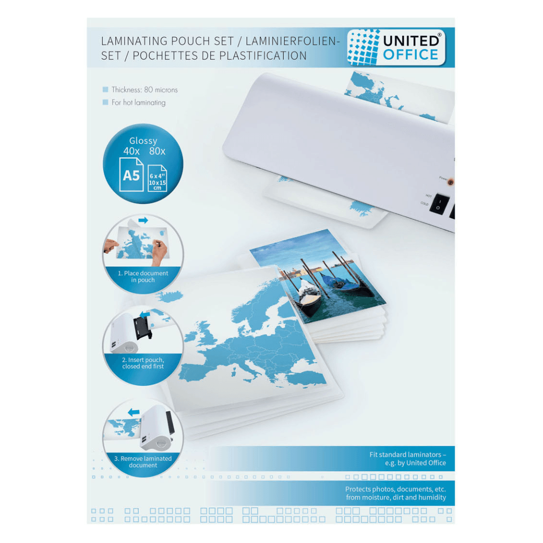 UNITED OFFICE LAMINATING POUCH SET A5 120 PIECES - EUROPEAN HOUSE HOLD