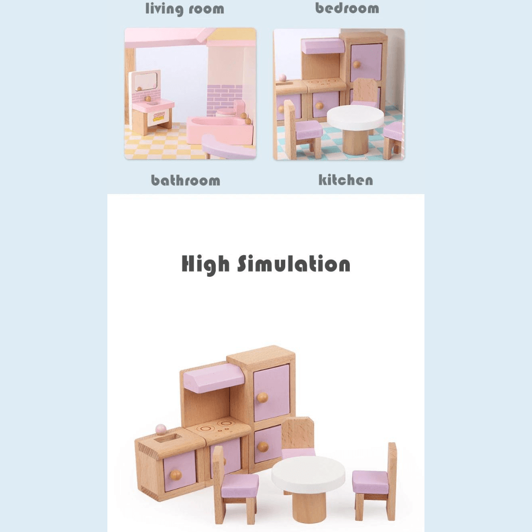 Children’s wooden dollhouse with full furniture and accessories – Beirut