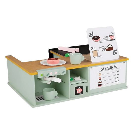 Front view of a pastel wooden toy coffee shop set with desserts and menu board