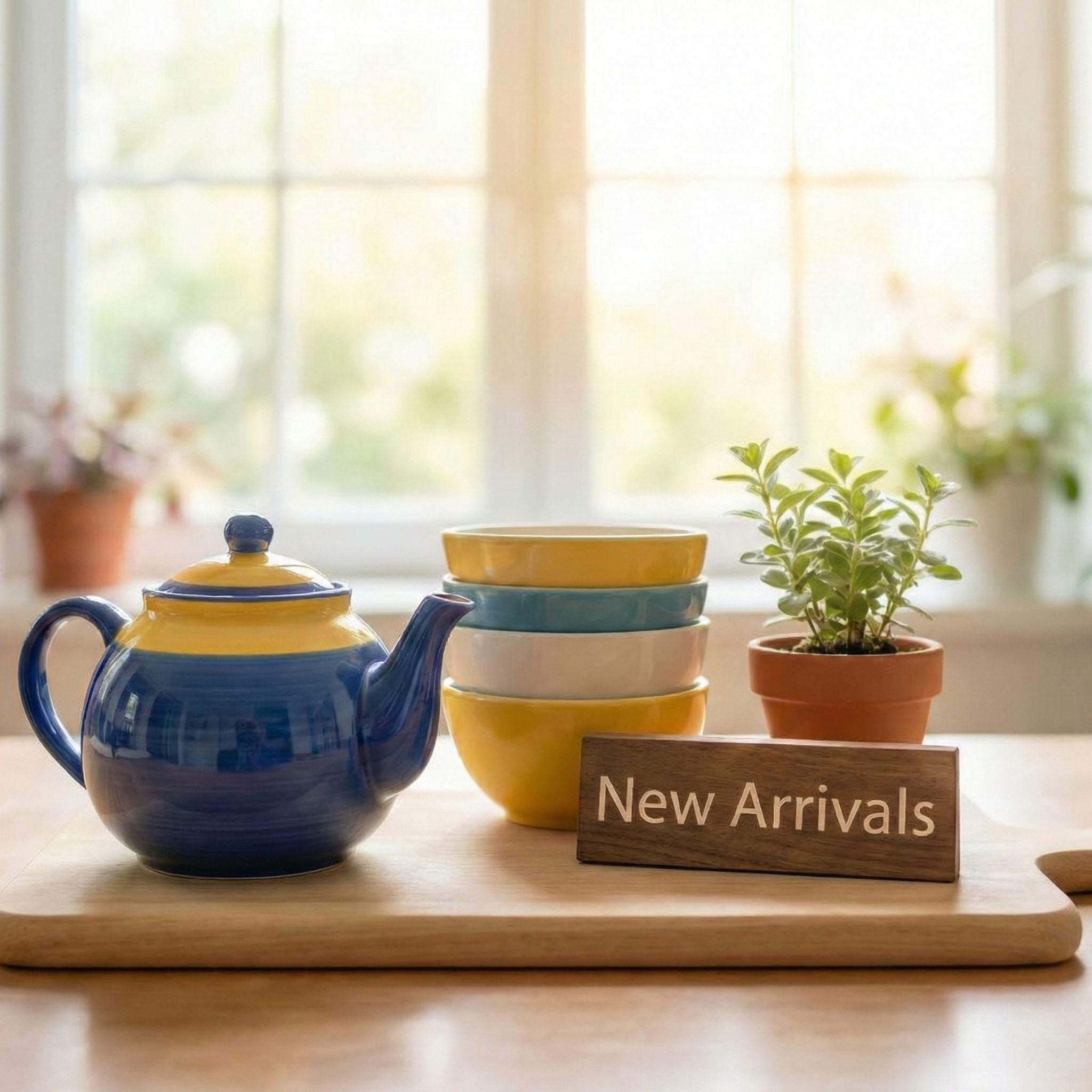 Minimalist blue and yellow ceramic teapot and stacked bowls on a wooden board with a 'New Arrivals' sign—European Household collection