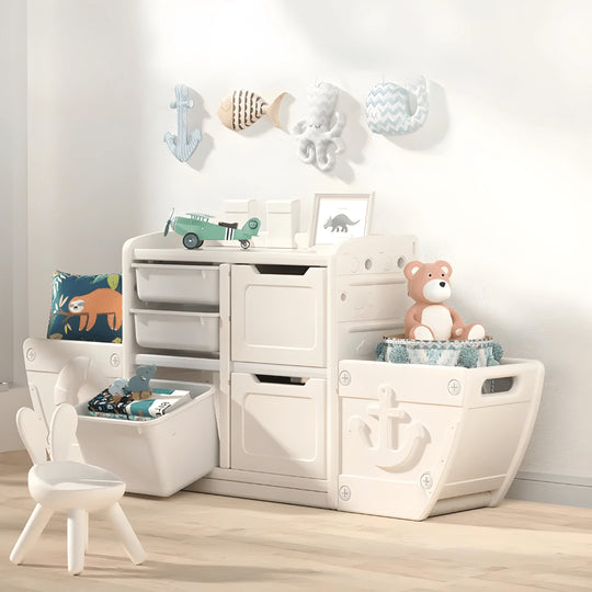 Stylish HDPE Boat-Shaped Storage Rack for Kids' Toys in Grey Beige – Safe & Practical Nursery Organizer in Beirut Lebanon