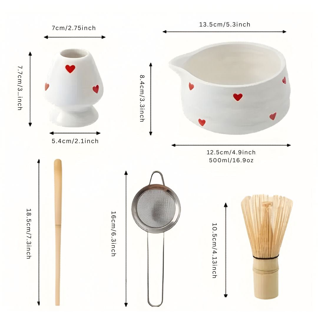 Matcha tea set with heart design 5 pieces 500ml bowl bamboo whisk strainer scoop gift box