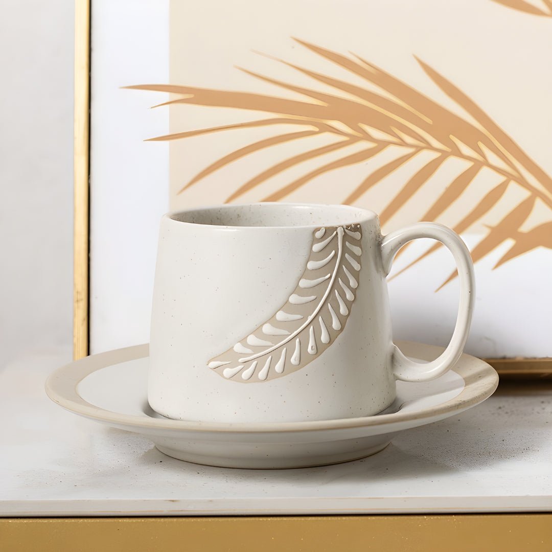 ceramic coffee mug saucer 280ml engraved leaf design large saucer dessert plate beirut lebanon