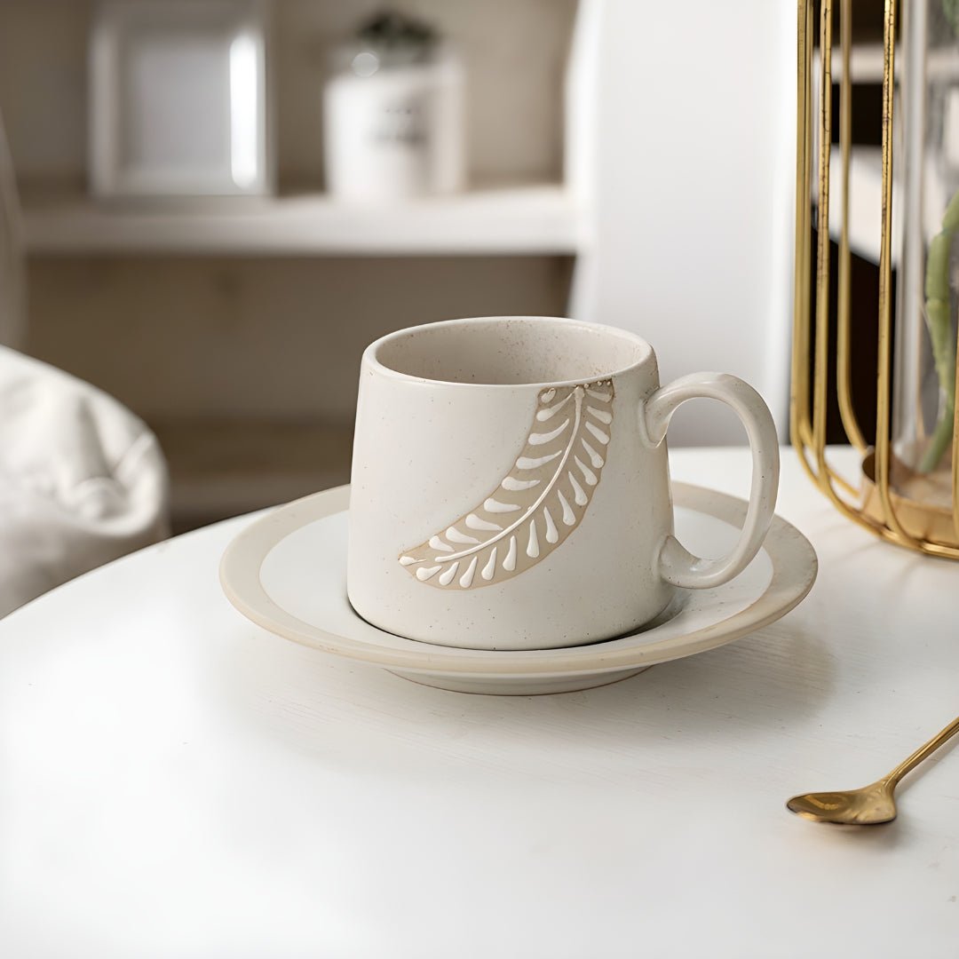 ceramic coffee mug saucer 280ml engraved leaf design large saucer dessert plate beirut lebanon