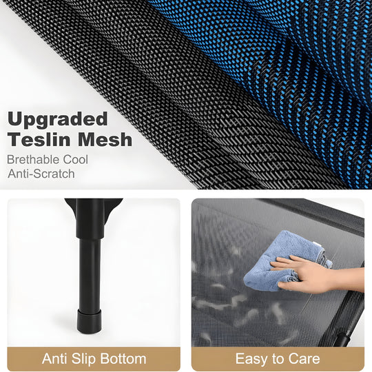 XL elevated dog bed with Teslin mesh and stainless steel frame, size 125×80×25cm, breathable, anti-slip, easy to clean, for indoor and outdoor use.

